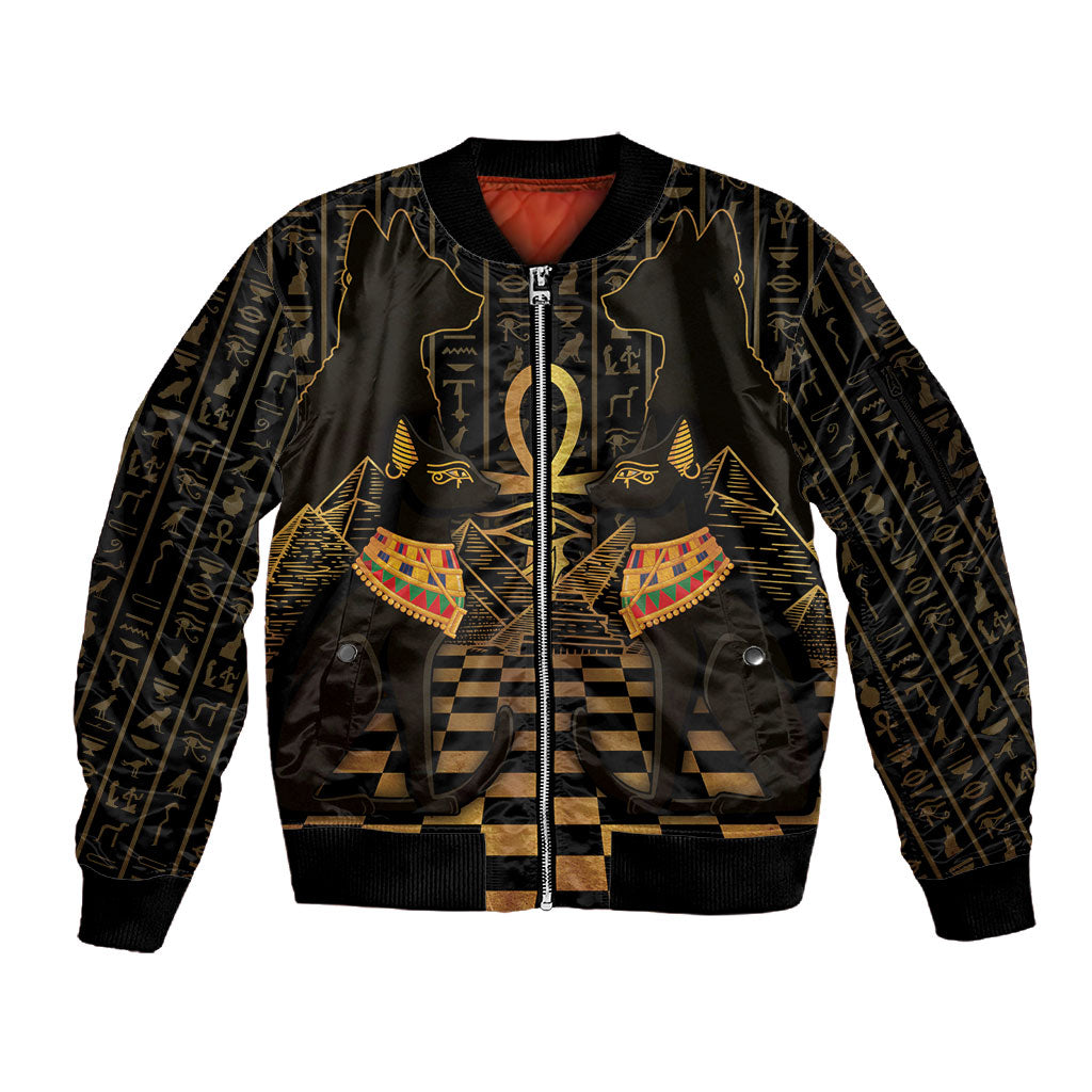 Egyptian Goddess Bastet Sleeve Zip Bomber Jacket Ancient Mythology Sacred Black Cat