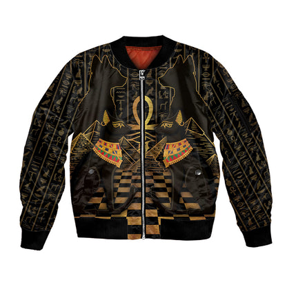 Egyptian Goddess Bastet Sleeve Zip Bomber Jacket Ancient Mythology Sacred Black Cat