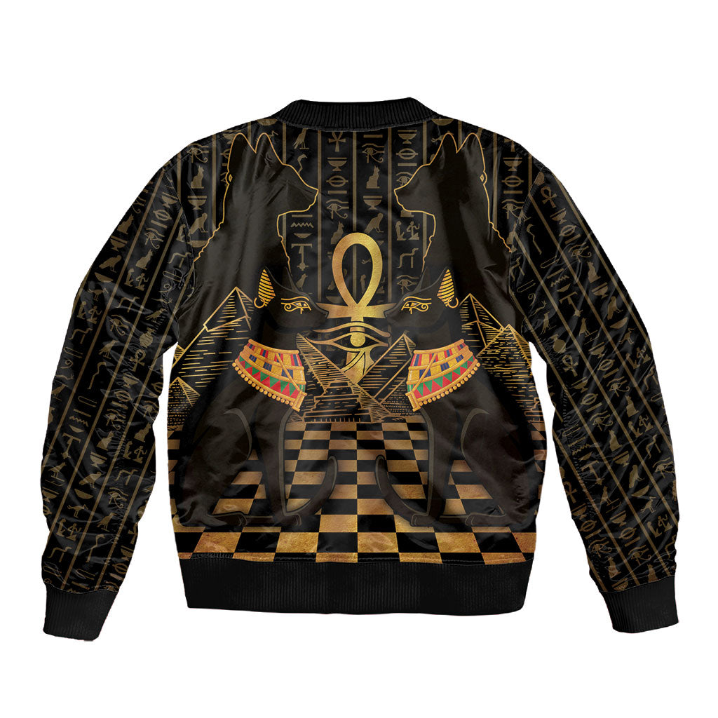 Egyptian Goddess Bastet Sleeve Zip Bomber Jacket Ancient Mythology Sacred Black Cat