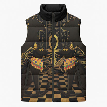 Egyptian Goddess Bastet Sleeveless Puffer Jacket Ancient Mythology Sacred Black Cat