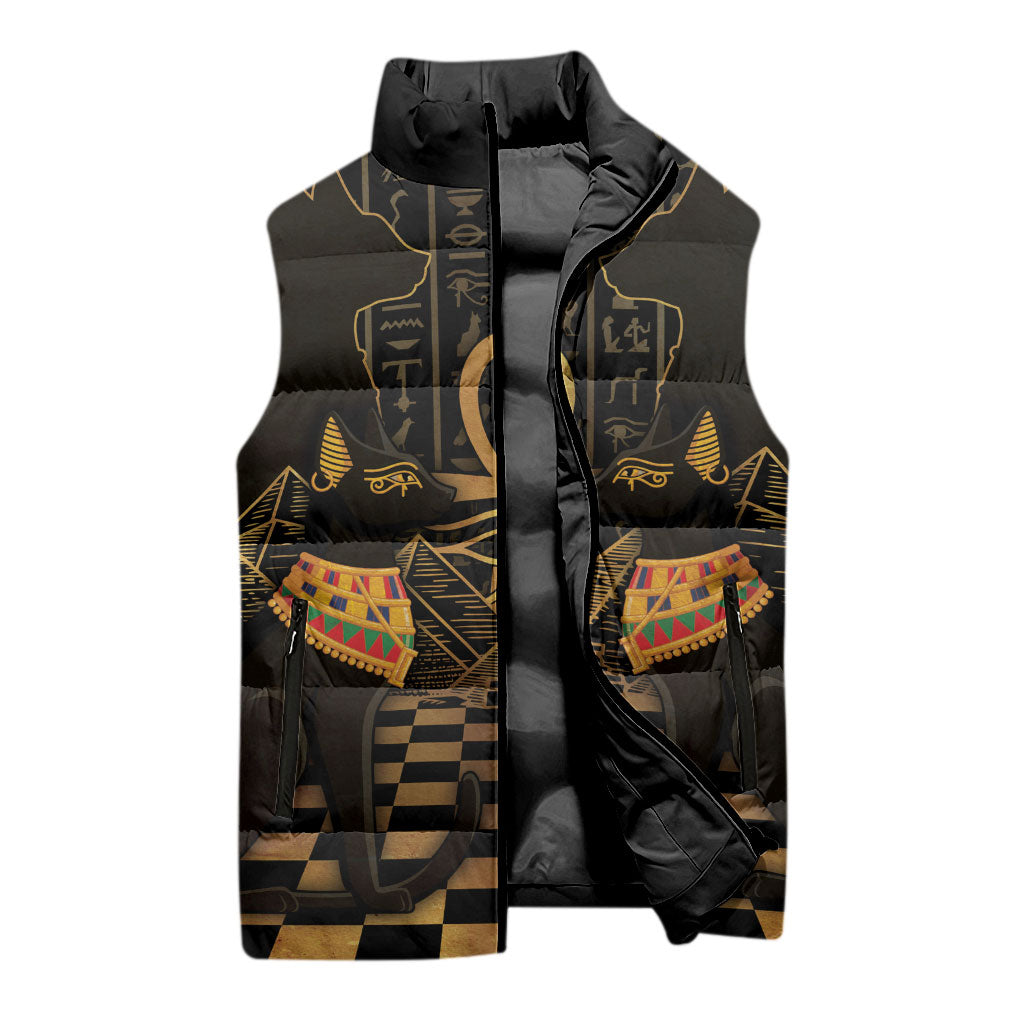 Egyptian Goddess Bastet Sleeveless Puffer Jacket Ancient Mythology Sacred Black Cat