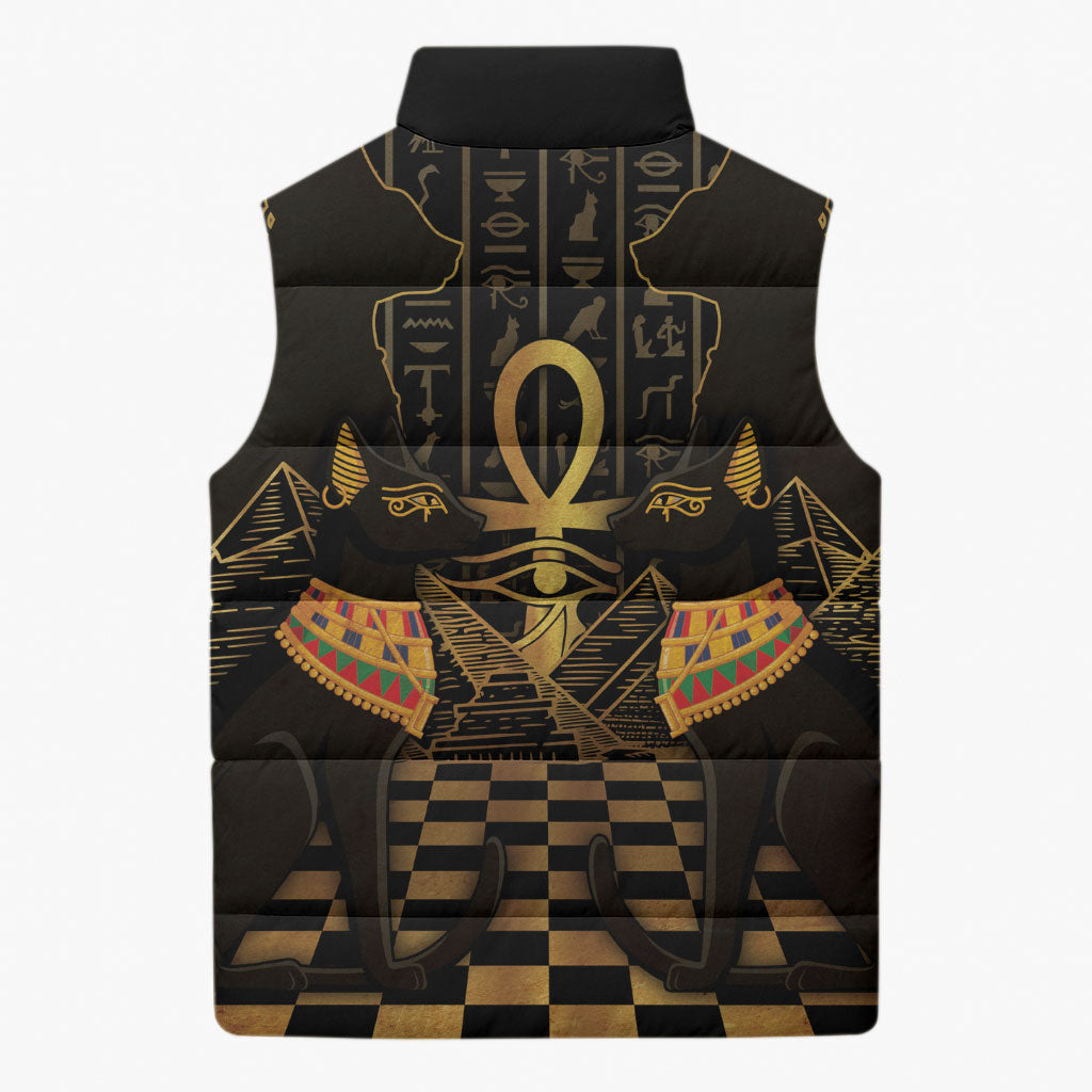 Egyptian Goddess Bastet Sleeveless Puffer Jacket Ancient Mythology Sacred Black Cat