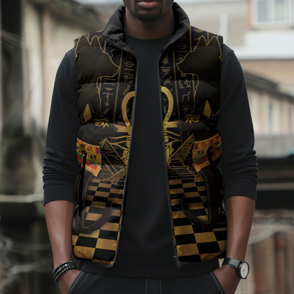 Egyptian Goddess Bastet Sleeveless Puffer Jacket Ancient Mythology Sacred Black Cat
