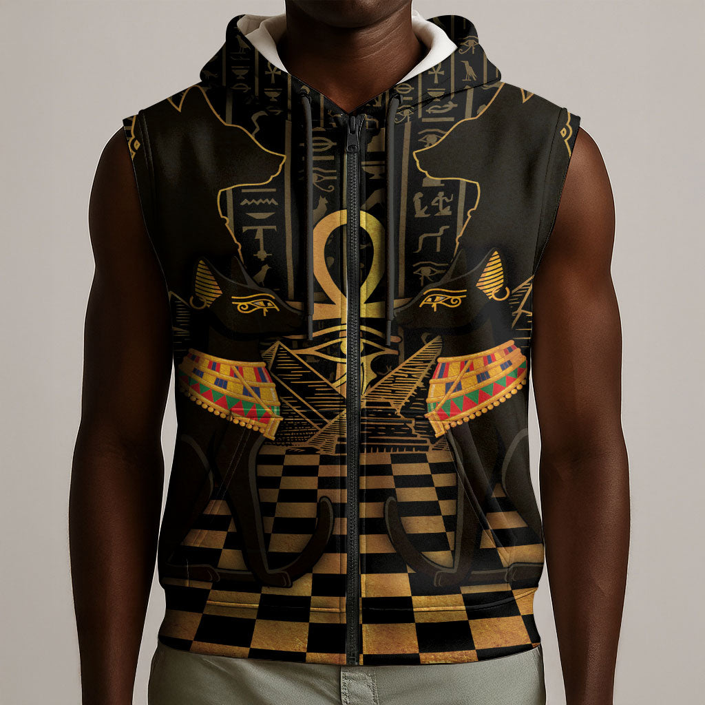 Egyptian Goddess Bastet Sleeveless Zip Hoodie Ancient Mythology Sacred Black Cat