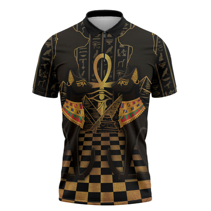 Egyptian Goddess Bastet Zipper Polo Shirt Ancient Mythology Sacred Black Cat