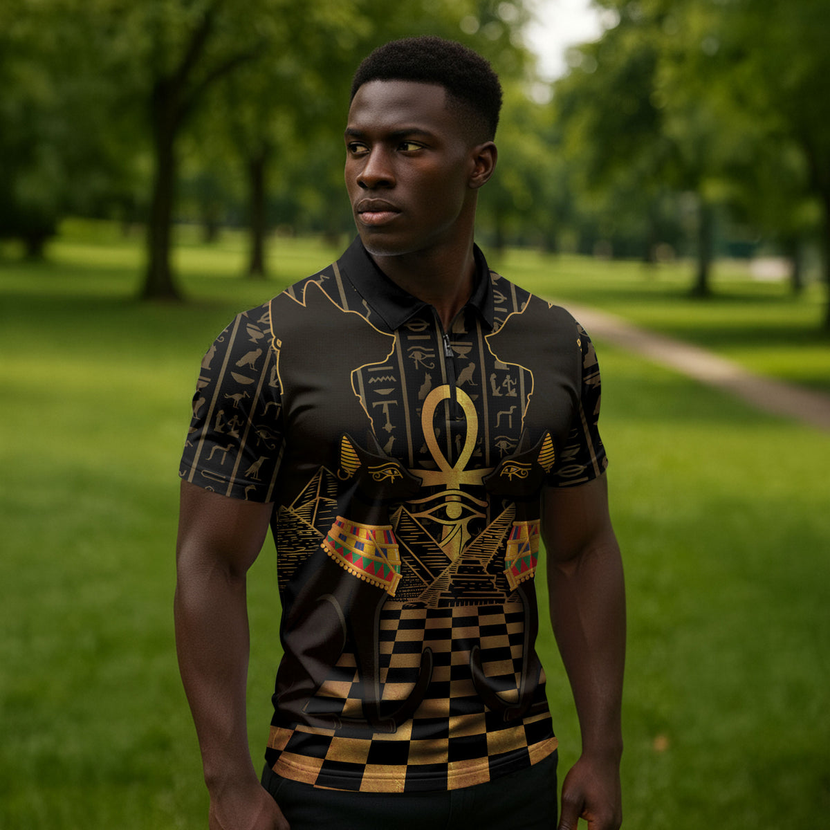 Egyptian Goddess Bastet Zipper Polo Shirt Ancient Mythology Sacred Black Cat