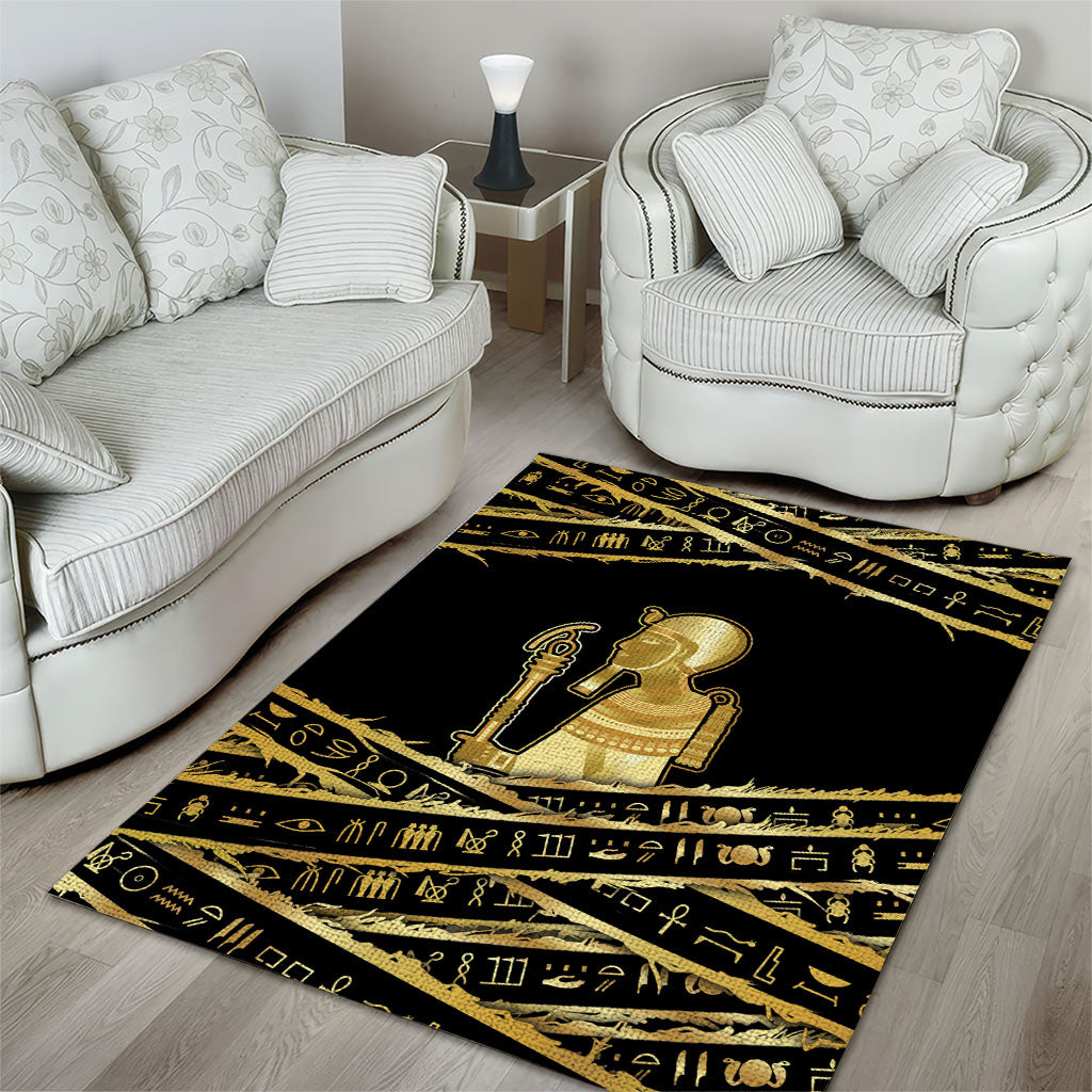 Egyptian God Ptah Area Rug Gold Mummy Wrap Hieroglyphics Patterns