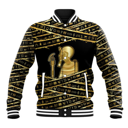 Egyptian God Ptah Baseball Jacket Gold Mummy Wrap Hieroglyphics Patterns