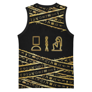 Egyptian God Ptah Basketball Jersey Gold Mummy Wrap Hieroglyphics Patterns