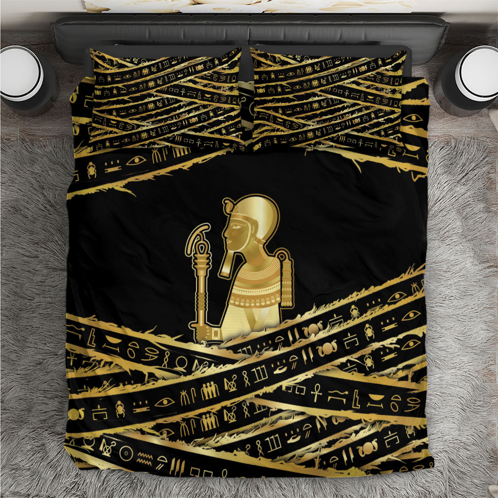 Egyptian God Ptah Bedding Set Gold Mummy Wrap Hieroglyphics Patterns