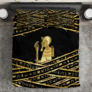 Egyptian God Ptah Bedding Set Gold Mummy Wrap Hieroglyphics Patterns