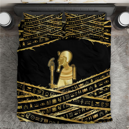 Egyptian God Ptah Bedding Set Gold Mummy Wrap Hieroglyphics Patterns