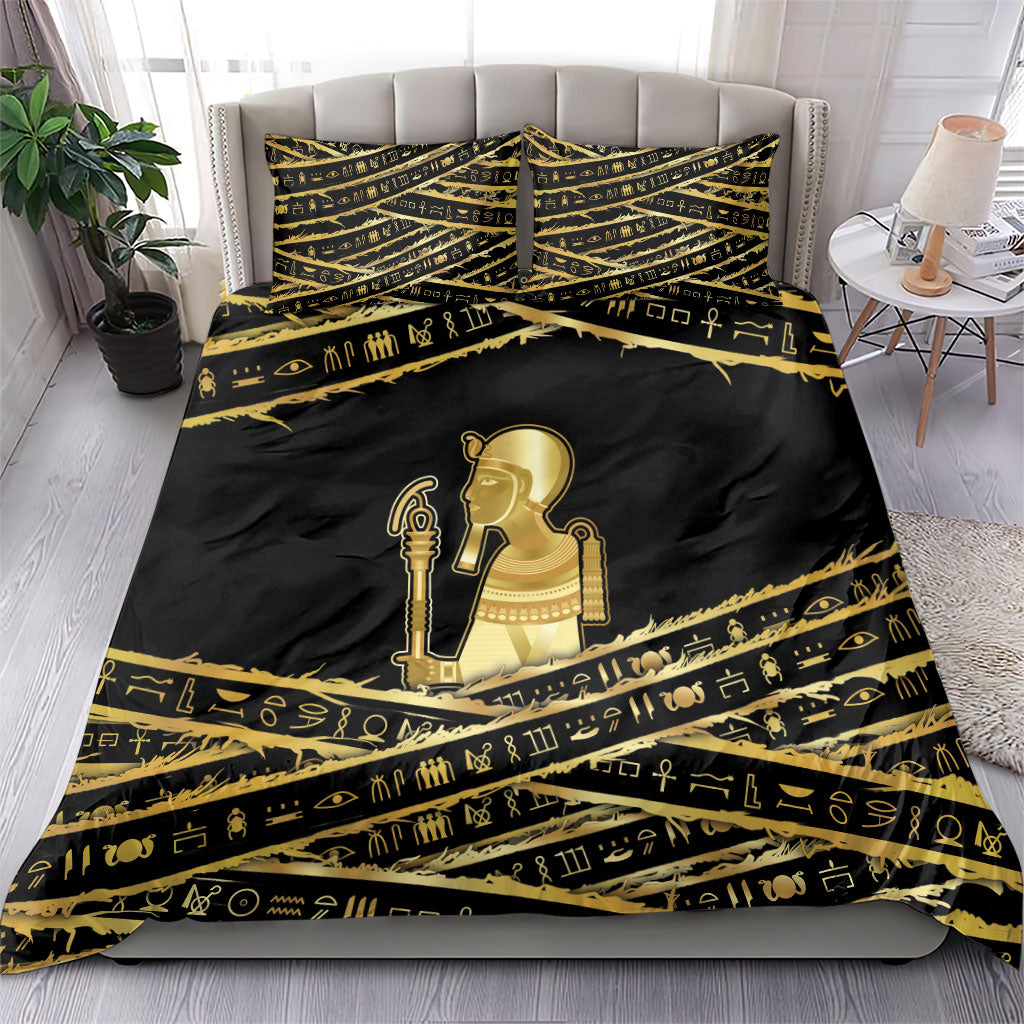 Egyptian God Ptah Bedding Set Gold Mummy Wrap Hieroglyphics Patterns