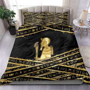 Egyptian God Ptah Bedding Set Gold Mummy Wrap Hieroglyphics Patterns