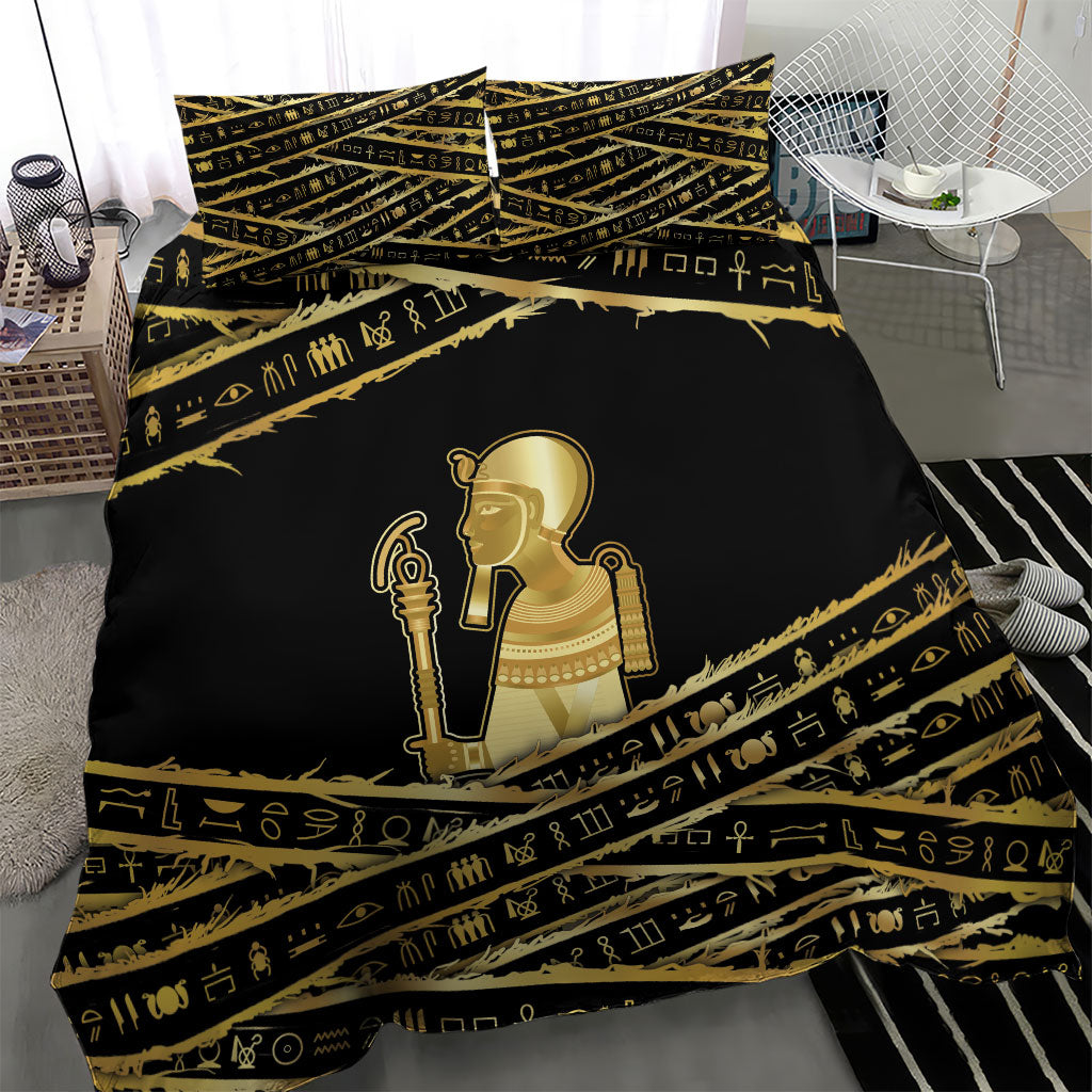 Egyptian God Ptah Bedding Set Gold Mummy Wrap Hieroglyphics Patterns