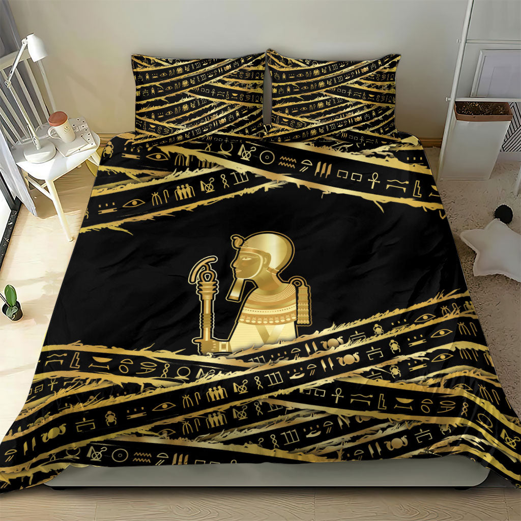 Egyptian God Ptah Bedding Set Gold Mummy Wrap Hieroglyphics Patterns