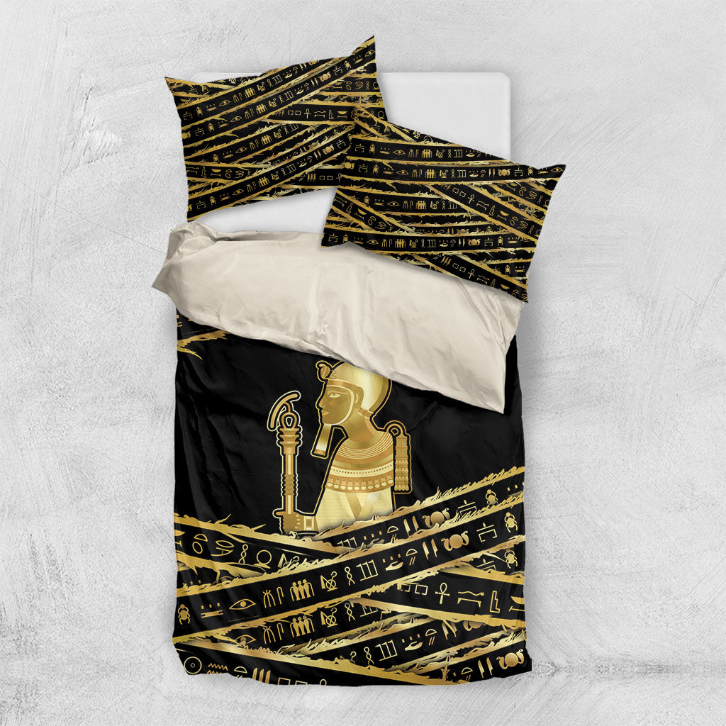 Egyptian God Ptah Bedding Set Gold Mummy Wrap Hieroglyphics Patterns