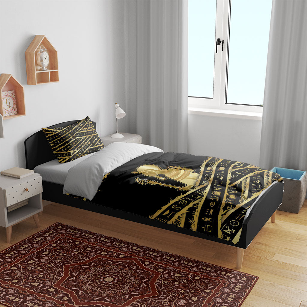 Egyptian God Ptah Bedding Set Gold Mummy Wrap Hieroglyphics Patterns