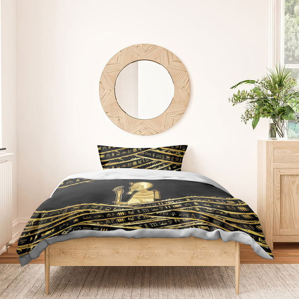 Egyptian God Ptah Bedding Set Gold Mummy Wrap Hieroglyphics Patterns