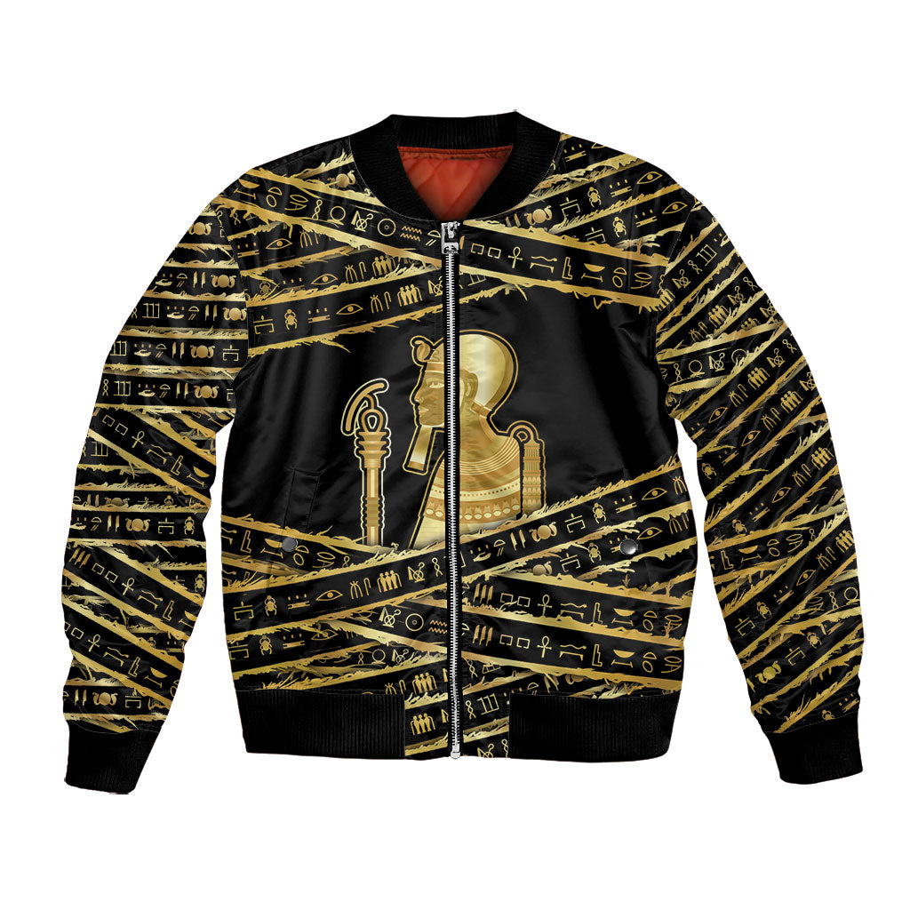 Egyptian God Ptah Bomber Jacket Gold Mummy Wrap Hieroglyphics Patterns