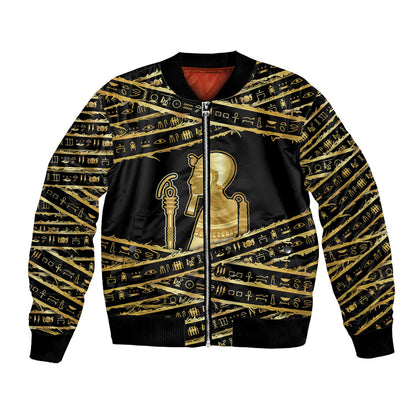 Egyptian God Ptah Bomber Jacket Gold Mummy Wrap Hieroglyphics Patterns
