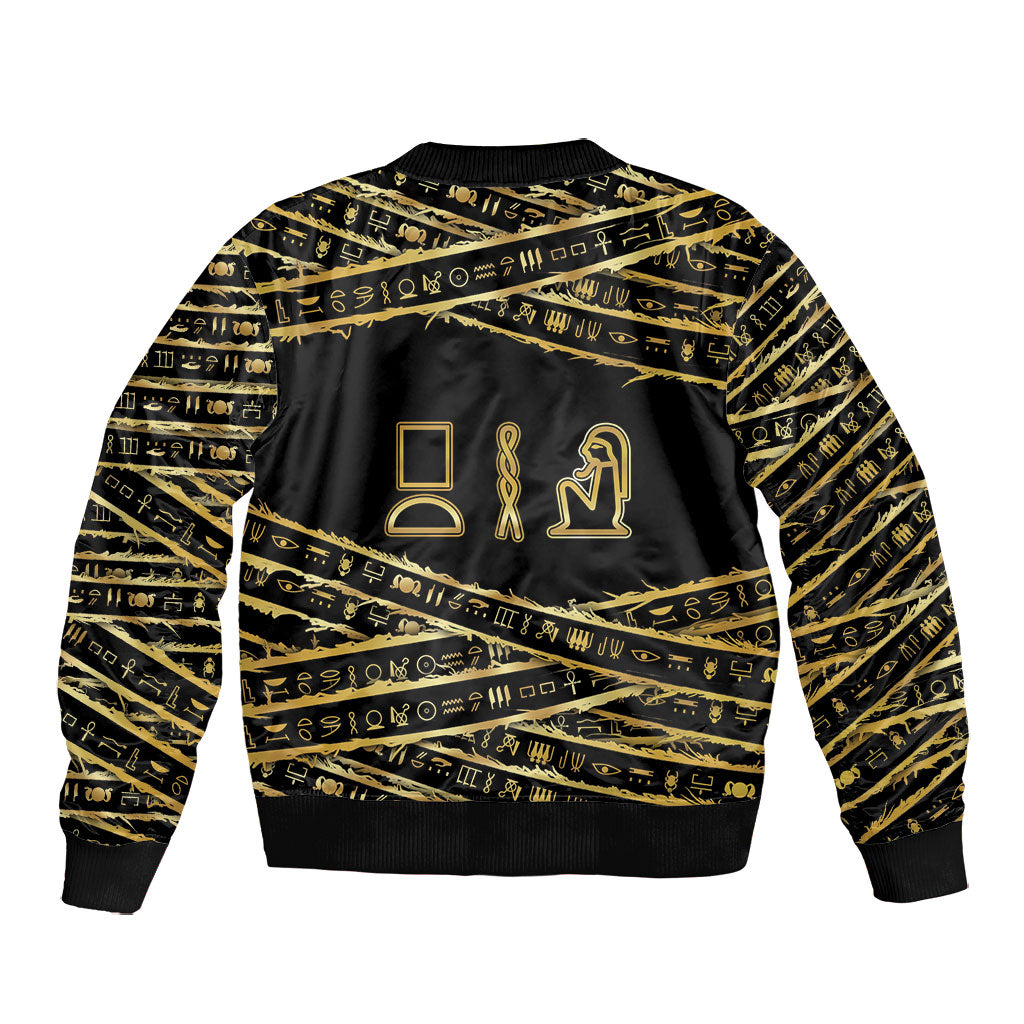 Egyptian God Ptah Bomber Jacket Gold Mummy Wrap Hieroglyphics Patterns