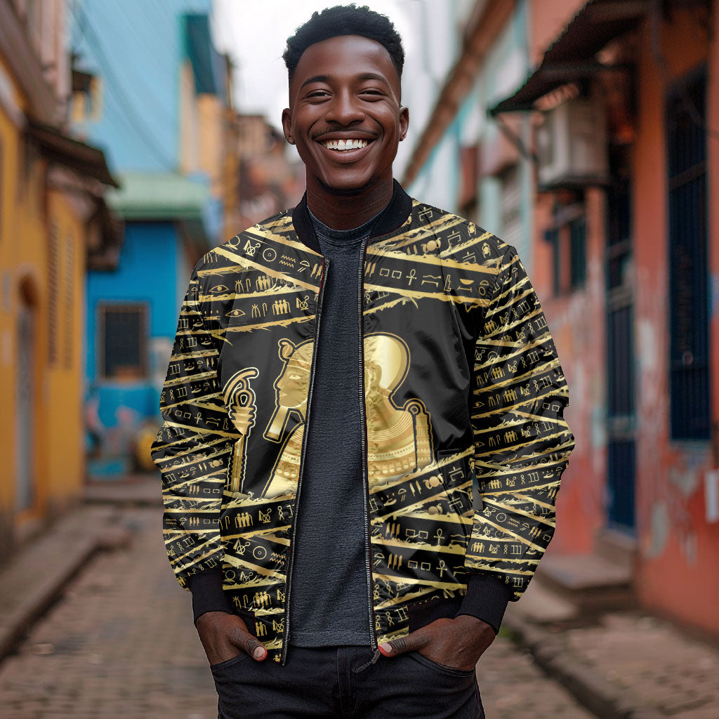 Egyptian God Ptah Bomber Jacket Gold Mummy Wrap Hieroglyphics Patterns