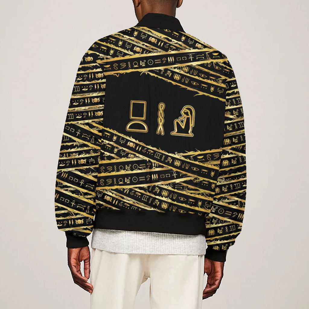 Egyptian God Ptah Bomber Jacket Gold Mummy Wrap Hieroglyphics Patterns