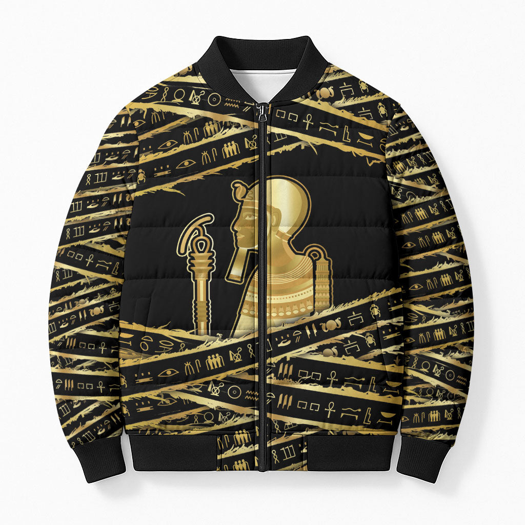 Egyptian God Ptah Bomber Puffer Jacket Gold Mummy Wrap Hieroglyphics Patterns