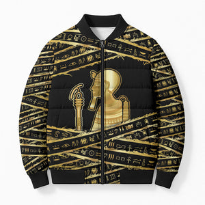 Egyptian God Ptah Bomber Puffer Jacket Gold Mummy Wrap Hieroglyphics Patterns