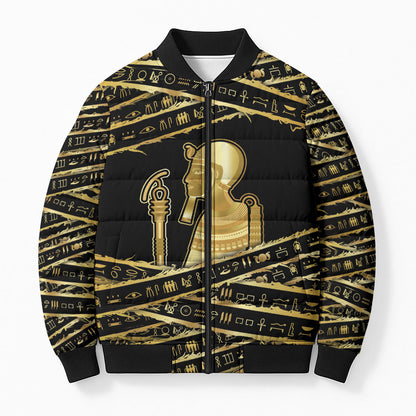 Egyptian God Ptah Bomber Puffer Jacket Gold Mummy Wrap Hieroglyphics Patterns