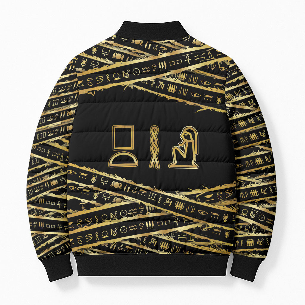 Egyptian God Ptah Bomber Puffer Jacket Gold Mummy Wrap Hieroglyphics Patterns