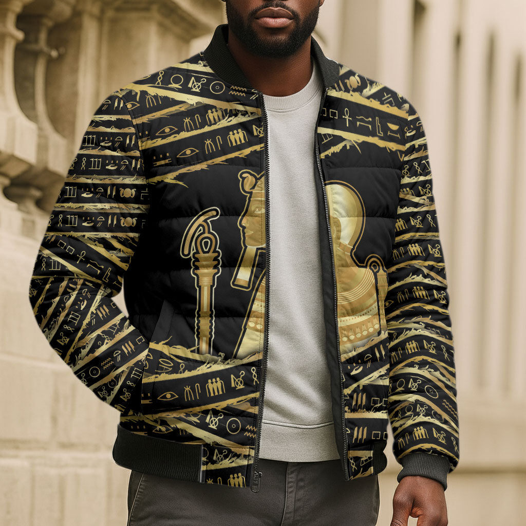 Egyptian God Ptah Bomber Puffer Jacket Gold Mummy Wrap Hieroglyphics Patterns