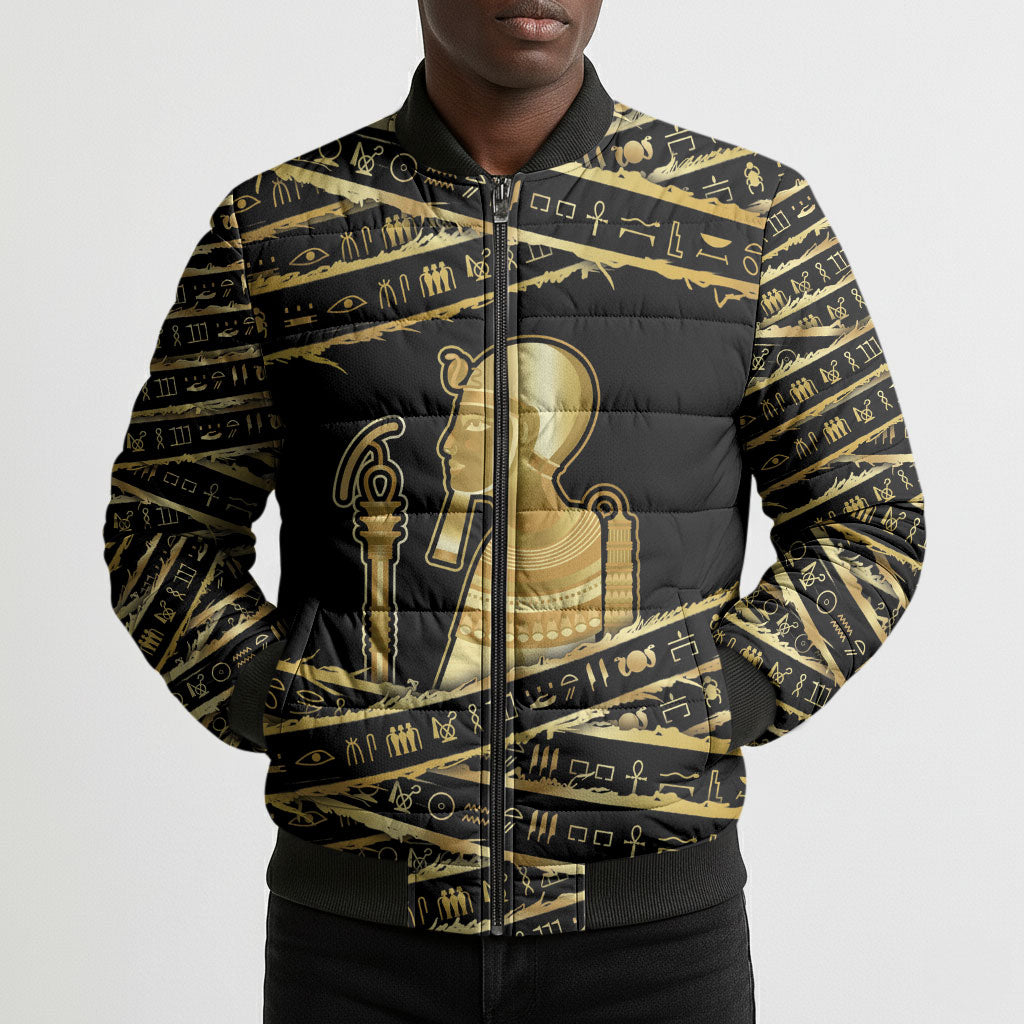 Egyptian God Ptah Bomber Puffer Jacket Gold Mummy Wrap Hieroglyphics Patterns