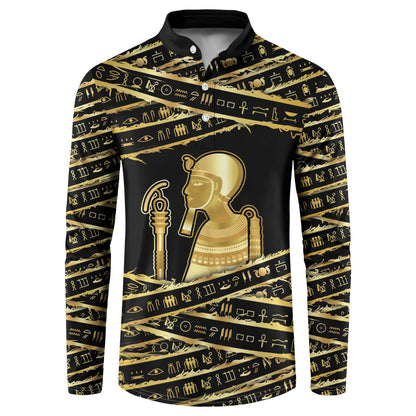 Egyptian God Ptah Button Sweatshirt Gold Mummy Wrap Hieroglyphics Patterns