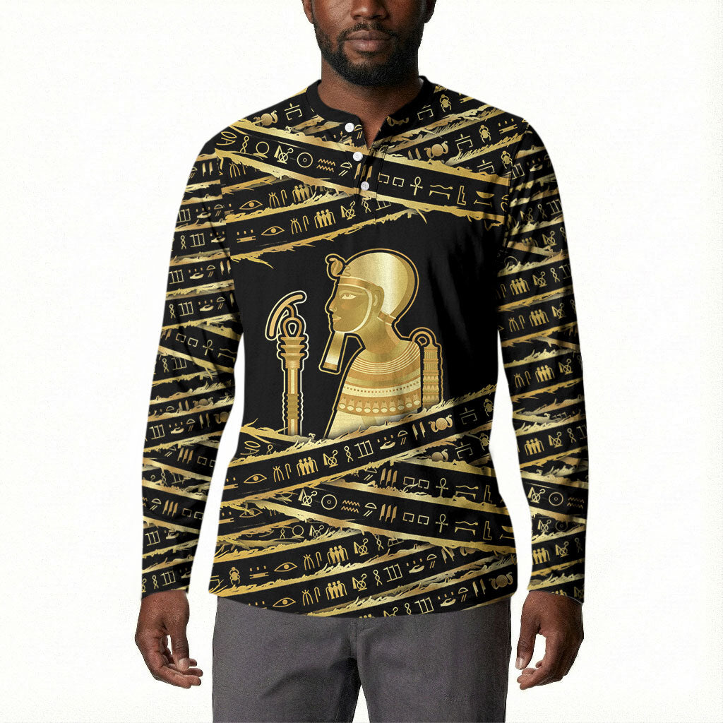 Egyptian God Ptah Button Sweatshirt Gold Mummy Wrap Hieroglyphics Patterns