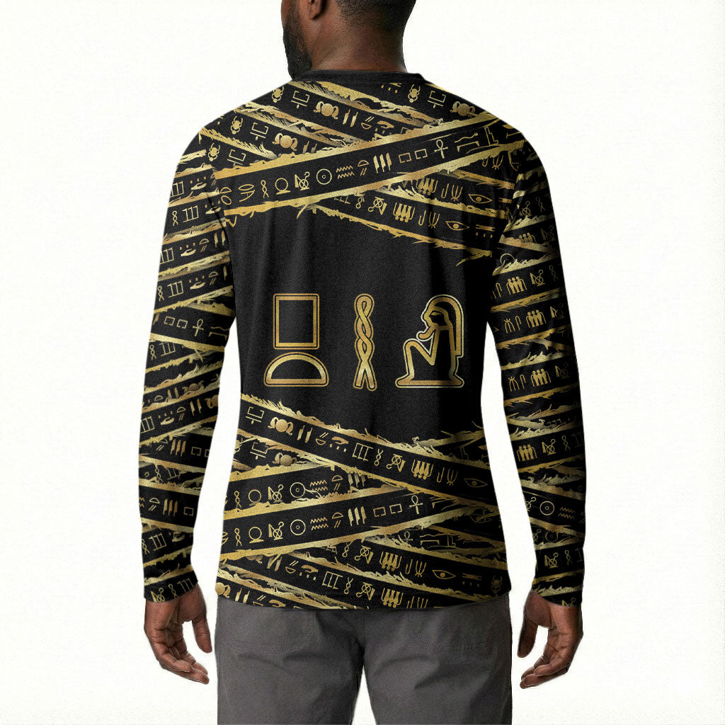 Egyptian God Ptah Button Sweatshirt Gold Mummy Wrap Hieroglyphics Patterns