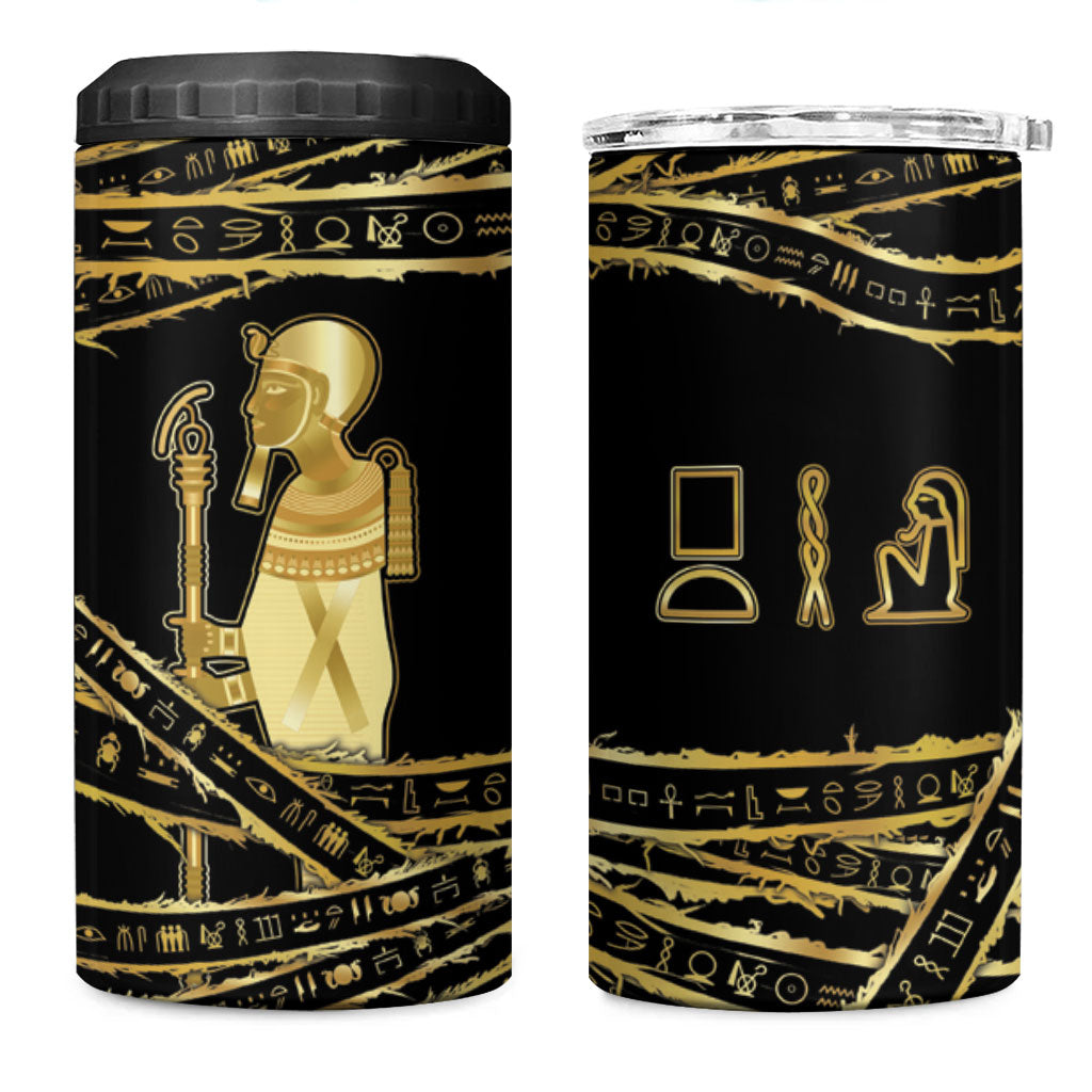 Egyptian God Ptah 4 in 1 Can Cooler Tumbler Gold Mummy Wrap Hieroglyphics Patterns