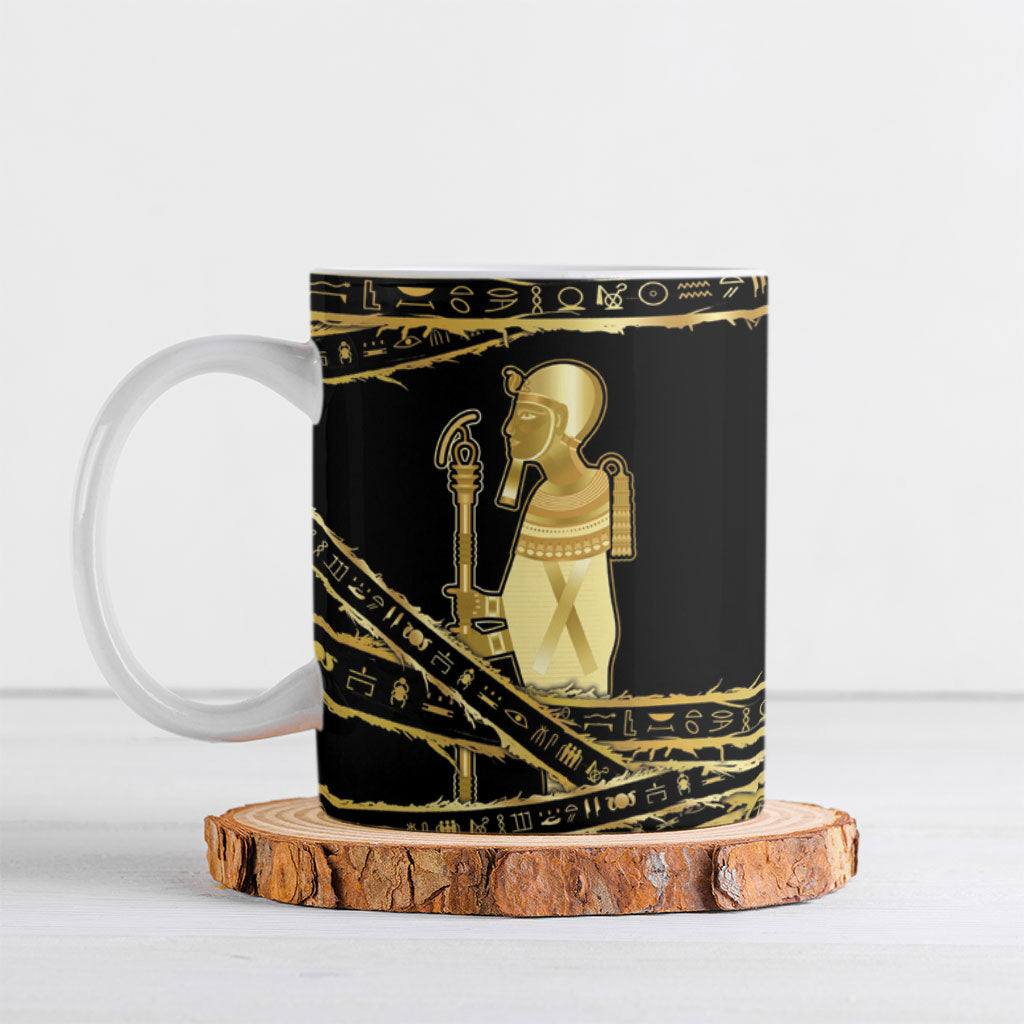 Egyptian God Ptah Ceramic Mug Gold Mummy Wrap Hieroglyphics Patterns