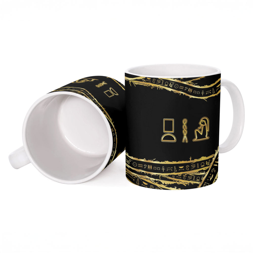 Egyptian God Ptah Ceramic Mug Gold Mummy Wrap Hieroglyphics Patterns