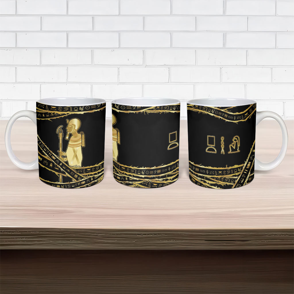 Egyptian God Ptah Ceramic Mug Gold Mummy Wrap Hieroglyphics Patterns