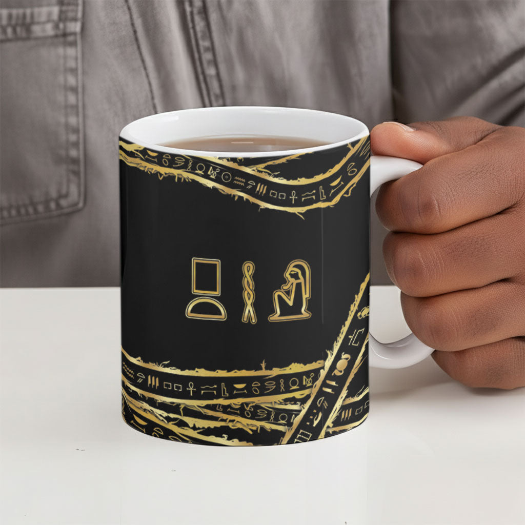 Egyptian God Ptah Ceramic Mug Gold Mummy Wrap Hieroglyphics Patterns