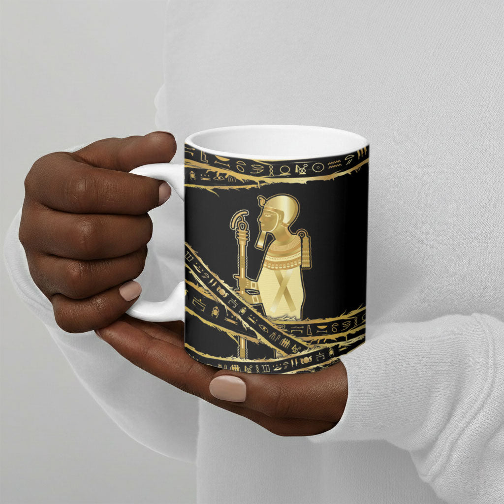 Egyptian God Ptah Ceramic Mug Gold Mummy Wrap Hieroglyphics Patterns