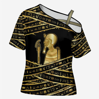 Egyptian God Ptah Cross Shoulder Shirt Gold Mummy Wrap Hieroglyphics Patterns