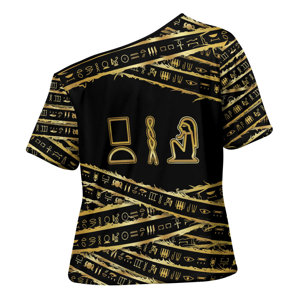 Egyptian God Ptah Cross Shoulder Shirt Gold Mummy Wrap Hieroglyphics Patterns