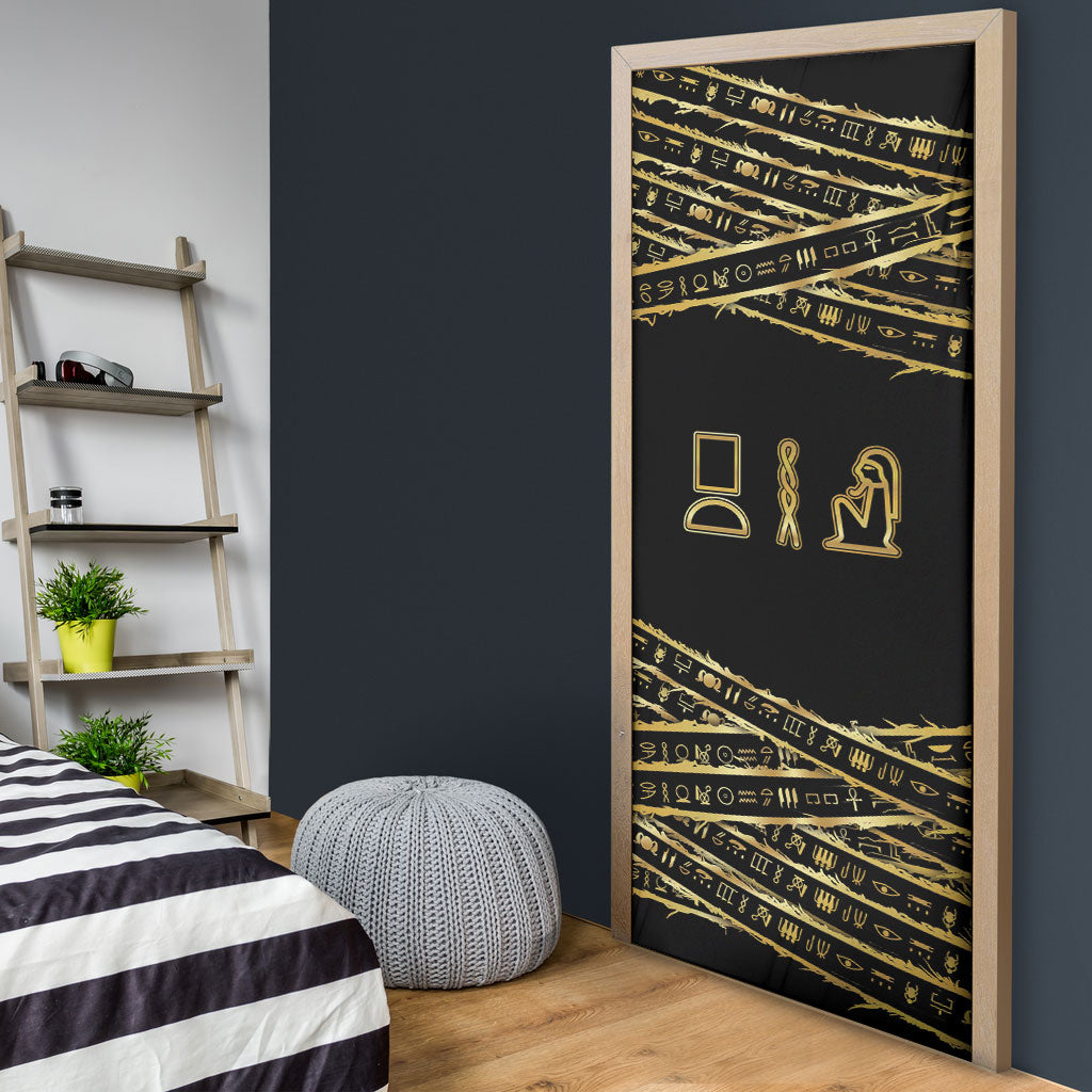 Egyptian God Ptah Door Cover Gold Mummy Wrap Hieroglyphics Patterns