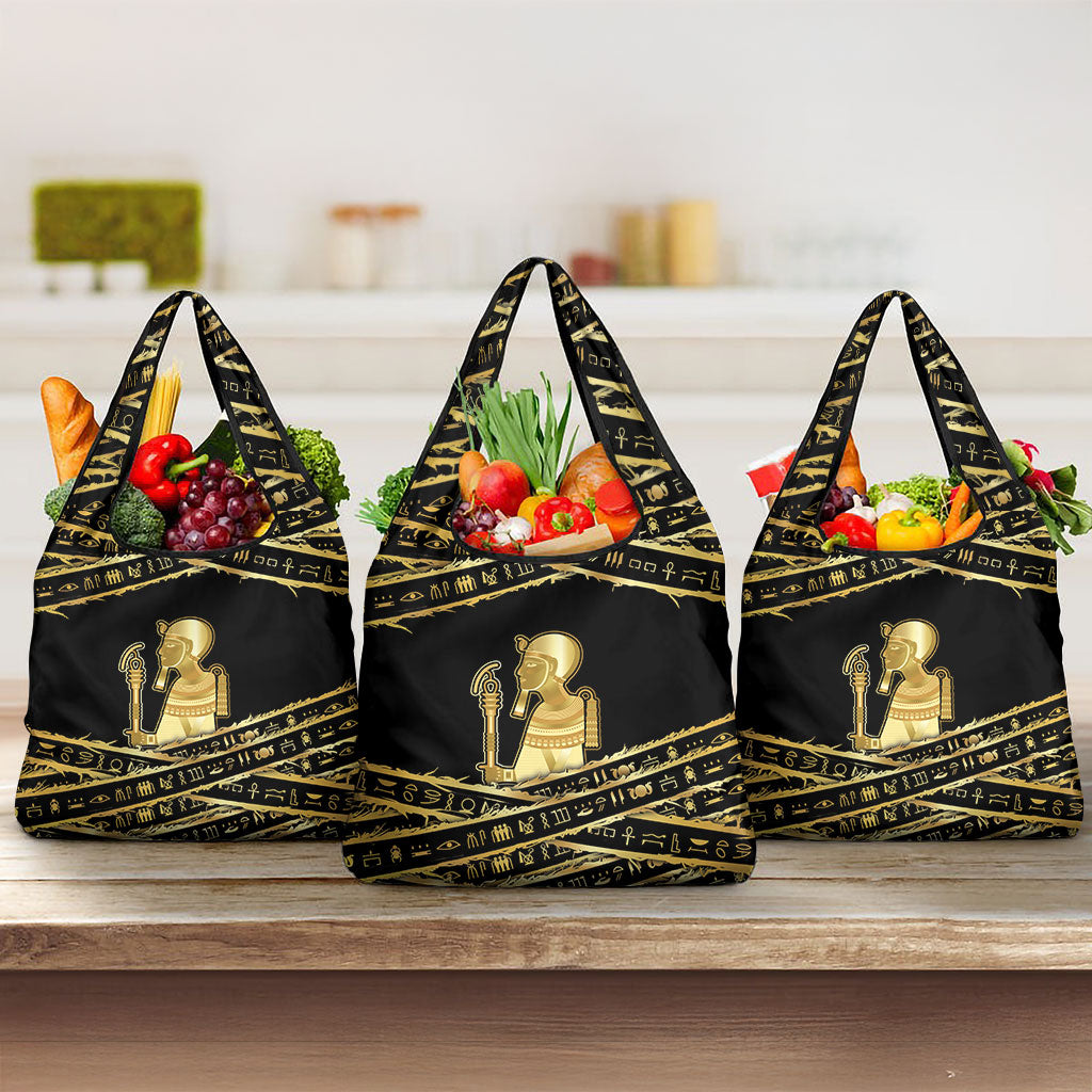 Egyptian God Ptah Grocery Bag Gold Mummy Wrap Hieroglyphics Patterns