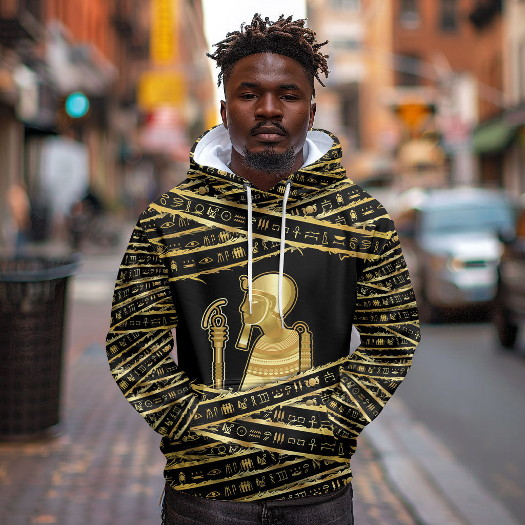 Egyptian God Ptah Hoodie Gold Mummy Wrap Hieroglyphics Patterns