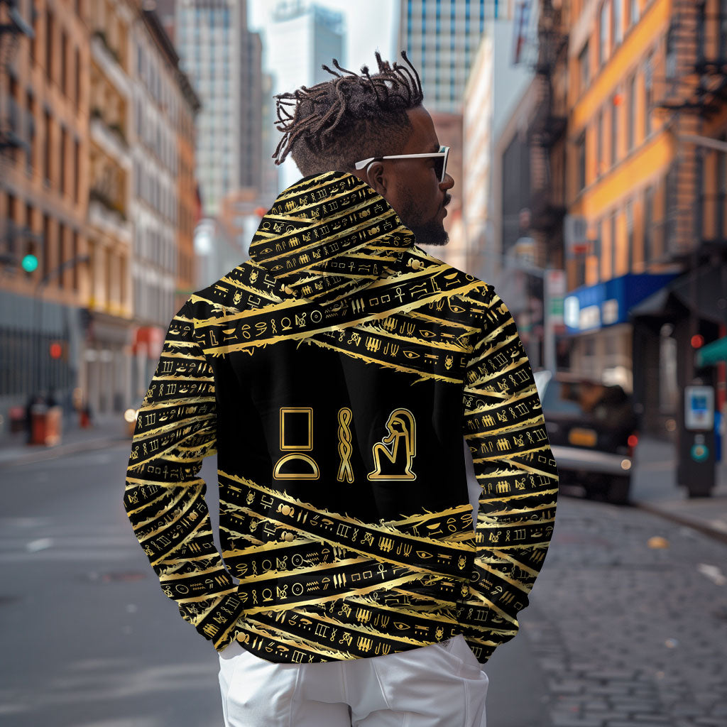 Egyptian God Ptah Hoodie Gold Mummy Wrap Hieroglyphics Patterns