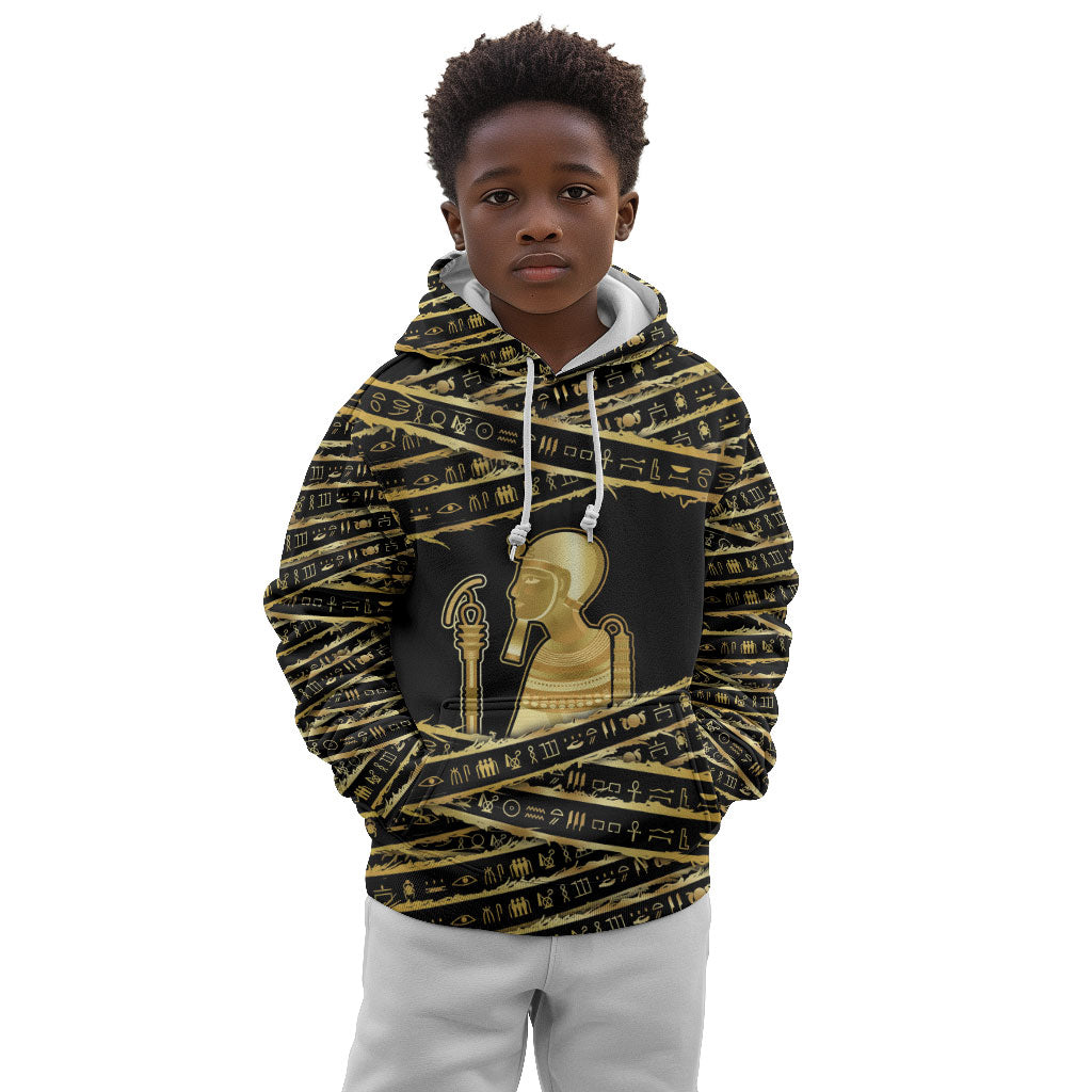 Egyptian God Ptah Kid Hoodie Gold Mummy Wrap Hieroglyphics Patterns